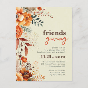 Friendsgiving dinner invitation autumnal floral postcard