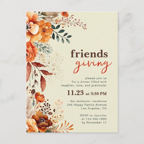 Friendsgiving dinner invitation autumnal floral  postcard