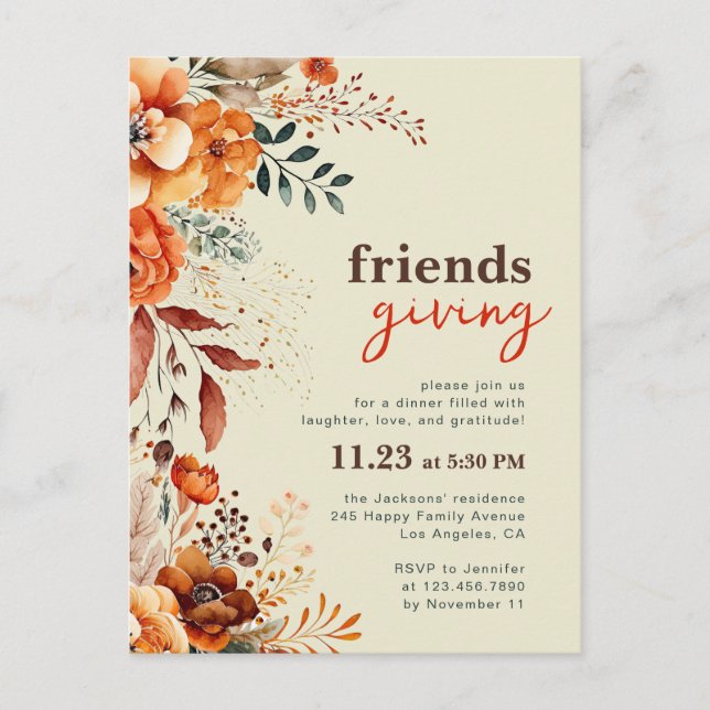 Friendsgiving dinner invitation autumnal floral  postcard (Front)