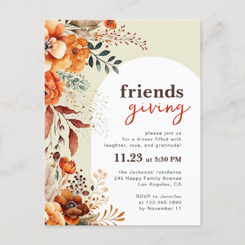 Friendsgiving dinner invitation floral white arch postcard