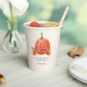 Friendsgiving Dinner Orange Autumn Pumpkin Floral  Paper Cups