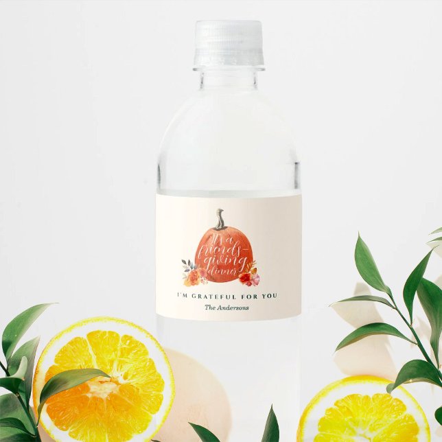 Friendsgiving Dinner Orange Pumpkin Watercolor  Water Bottle Label (Creator Uploaded)
