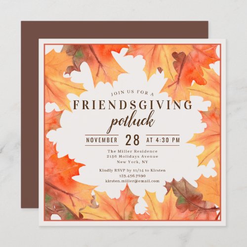 Friendsgiving Dinner Potluck Autumn Leaves Invitation