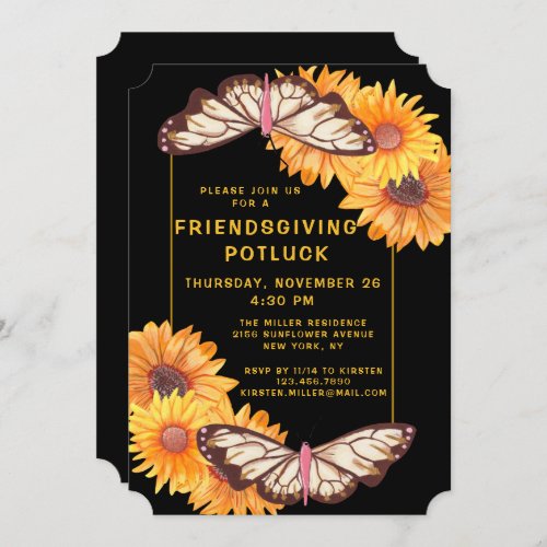 Friendsgiving Dinner Potluck Sunflowers Butterfly Invitation