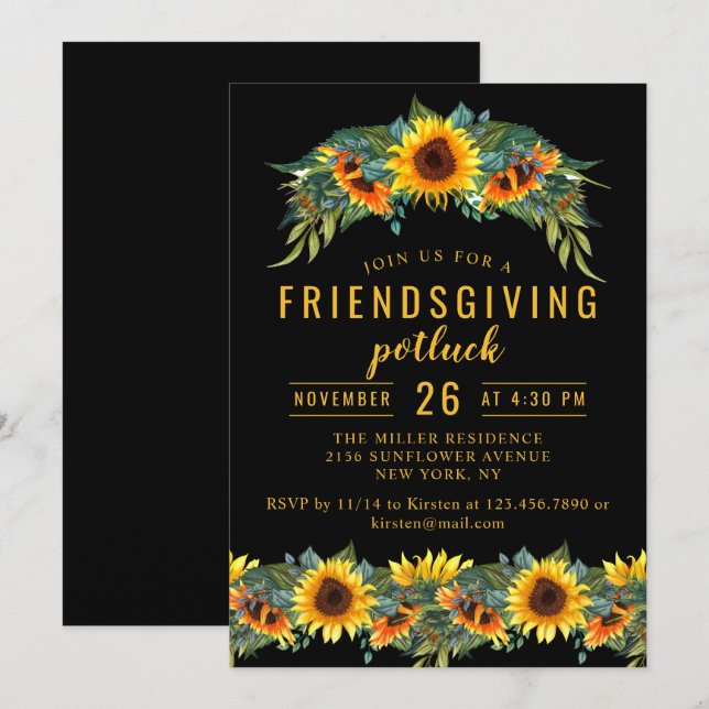 Friendsgiving Dinner Potluck Watercolor Sunflower Invitation (Front/Back)