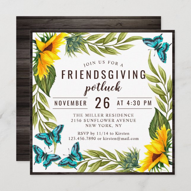 Friendsgiving Dinner Potluck Watercolor Sunflowers Invitation (Front/Back)