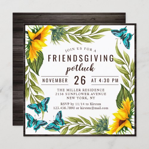 Friendsgiving Dinner Potluck Watercolor Sunflowers Invitation