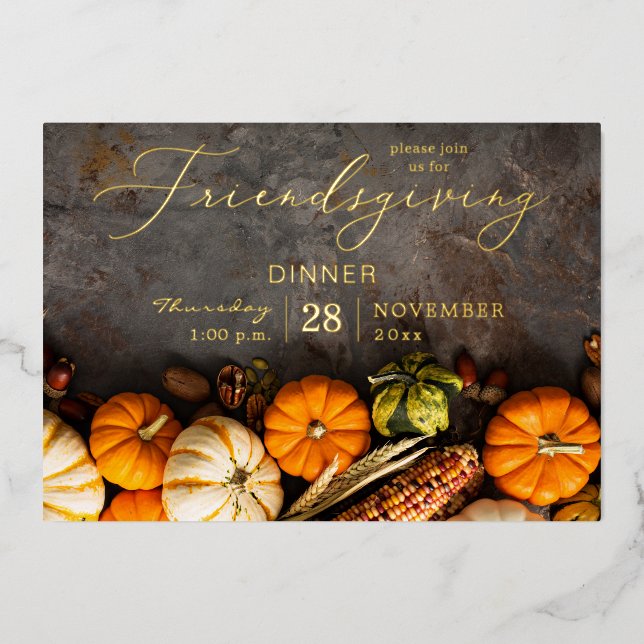 Friendsgiving Dinner Pumpkins Foil Invitation (Front)