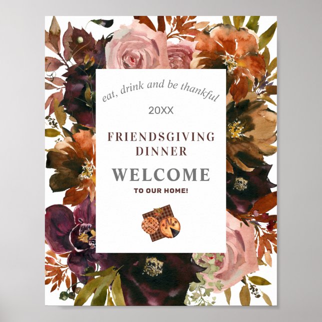 Friendsgiving Dinner Rustic Red Flora Poster (Front)