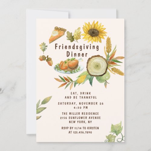 Friendsgiving Dinner Turkey Pumpkin Pie Sunflowers Invitation