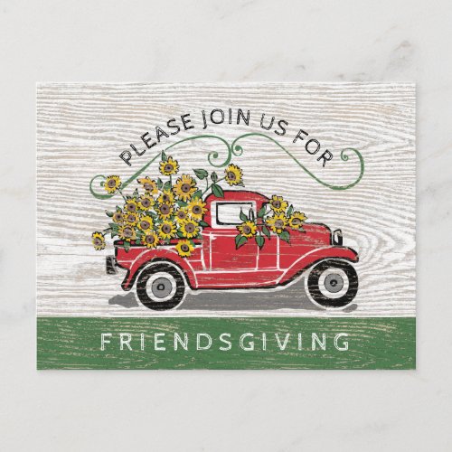 Friendsgiving Dinner Vintage Red Truck Sunflowers Invitation Postcard