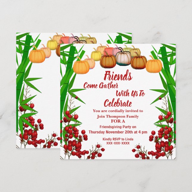 Friendsgiving Fall Autumn Pumpkin Berry Green Bush Invitation (Front/Back)