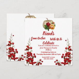 Friendsgiving Fall Autumn Pumpkin Roses Red Berry Invitation