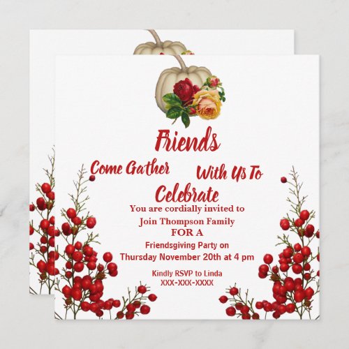 Friendsgiving Fall Autumn Pumpkin Roses Red Berry Invitation