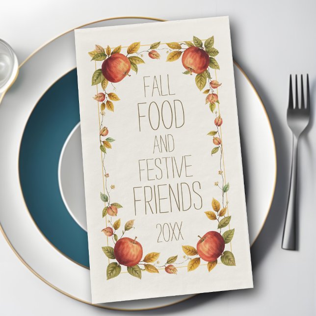 Friendsgiving Fall Food Festive Friends Apple Leaf Paper Guest Towels (Personalized Friendsgiving napkins featuring a charming rustic border of Autumn leaves and apples)