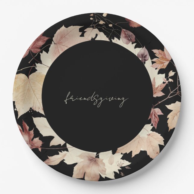 Friendsgiving Fall Leaves Black Thanksgiving  Paper Plates (Front)