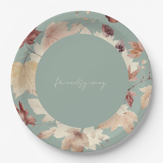 Friendsgiving Fall Leaves Sage Thanksgiving  Paper Plates (Front)