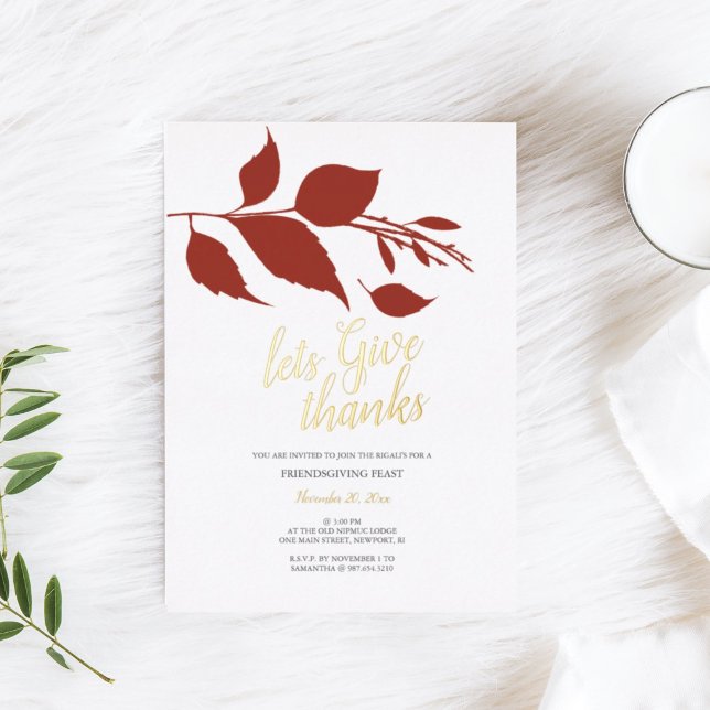 Friendsgiving Fall Orange and White  Foil Invitation (Friendsgiving invitation for Thanksgiving dinner fall leaves)