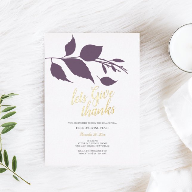 Friendsgiving Fall Purple and White Foil Invitation (Friendsgiving invitation for thanksgiving dinner fall leaves purple and white)