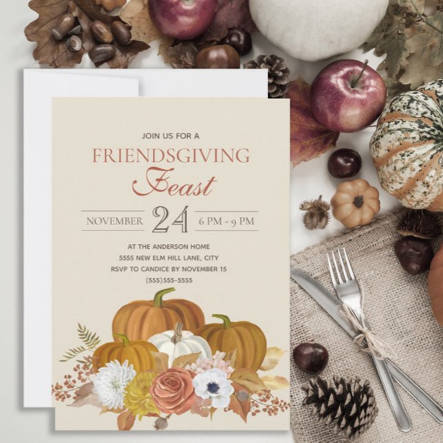 Friendsgiving Feast Dinner Elegant Rustic Invitation (Rustic Friendsgiving Feast invitation with orange and white pumpkins and pretty Autumn Floral)