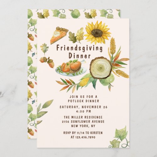 Friendsgiving Feast Turkey Pumpkin Pie Sunflowers Invitation