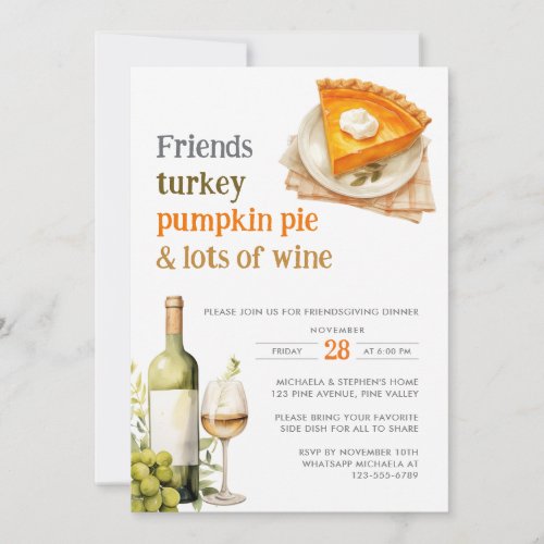 Friendsgiving Festive Pumpkin Pie  Wine Dinner Invitation