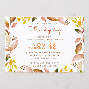 Friendsgiving Gold Copper Autumn Watercolor Leaves Invitation