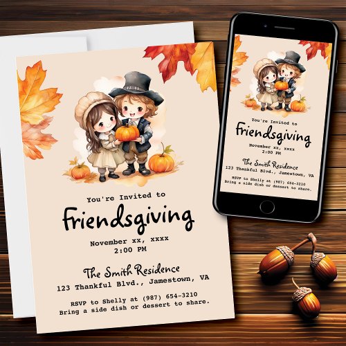 Friendsgiving Little Pilgrims Fall Watercolor Invitation