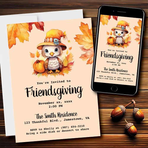 Friendsgiving Little Turkey Pumpkin Watercolor Invitation