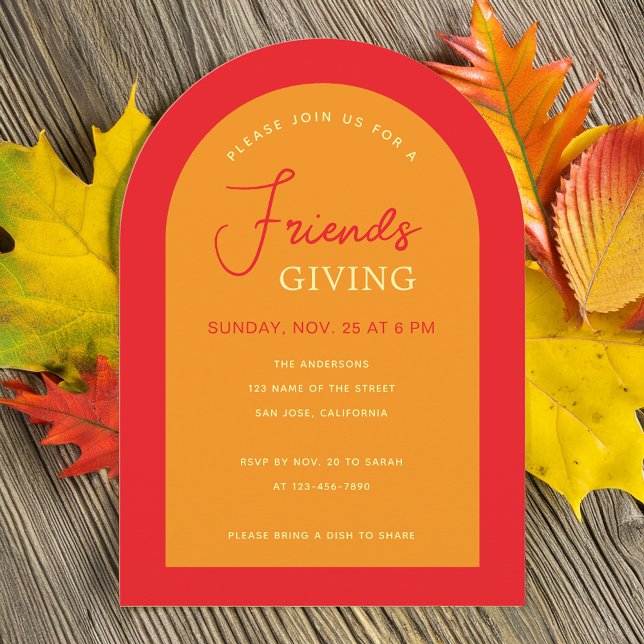 Friendsgiving Modern Arch Fall Colors Orange Red  Invitation (Invitation in situ with autumn leaves)
