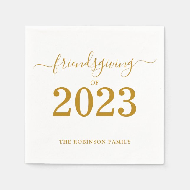 Friendsgiving of 2023 Gold Script thanksgiving Napkins (Front)