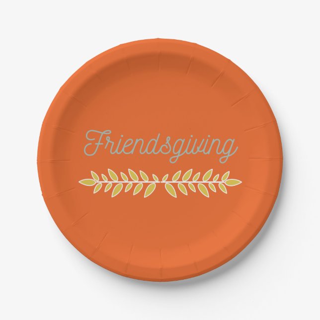 Friendsgiving Orange with Blue-Gray & Gold Paper Plates (Front)