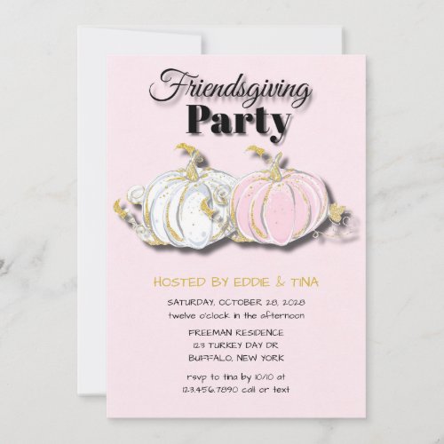 Friendsgiving Party Pink White Pumpkins Invitation