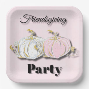 Friendsgiving Party Pink White Pumpkins Paper Plates