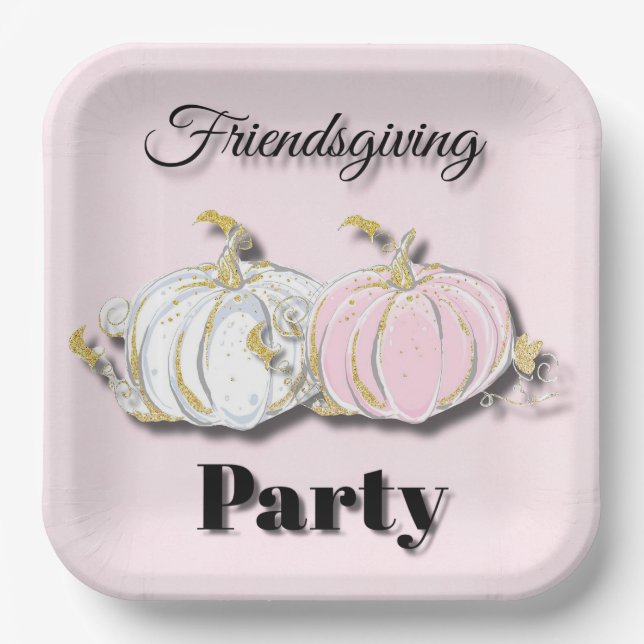 Friendsgiving Party Pink White Pumpkins Paper Plates (Front)