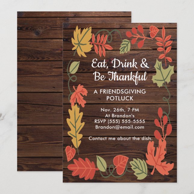 Friendsgiving Potluck Dark Brown Wood Invite (Front/Back)