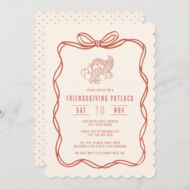 Friendsgiving Potluck Dinner Coquette Bow Invitation (Front/Back)