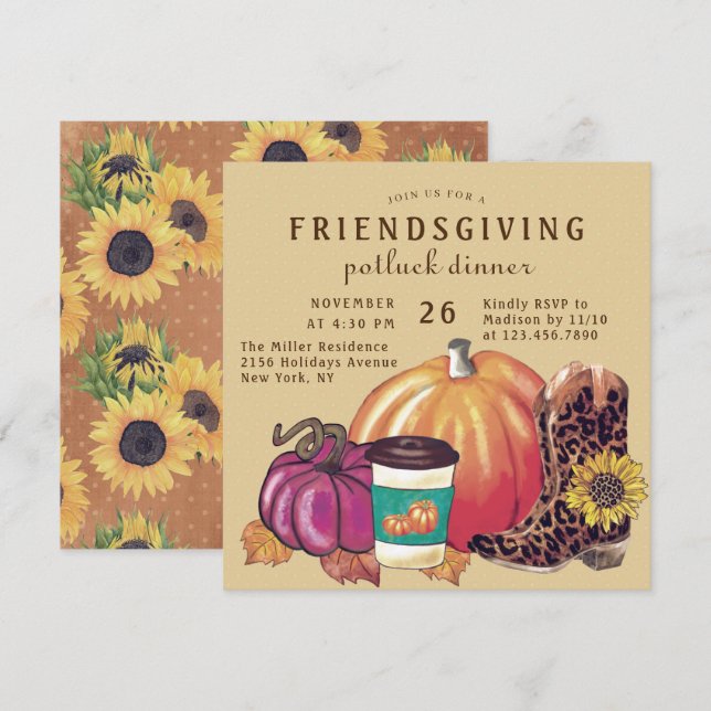 Friendsgiving Potluck Dinner Sunflower Pumpkin Invitation (Front/Back)