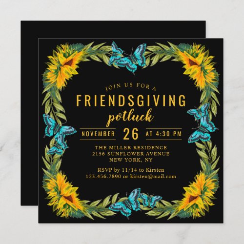 Friendsgiving Potluck Dinner Watercolor Sunflowers Invitation