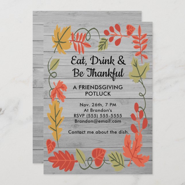 Friendsgiving Potluck Gray Wood Design Invite (Front/Back)