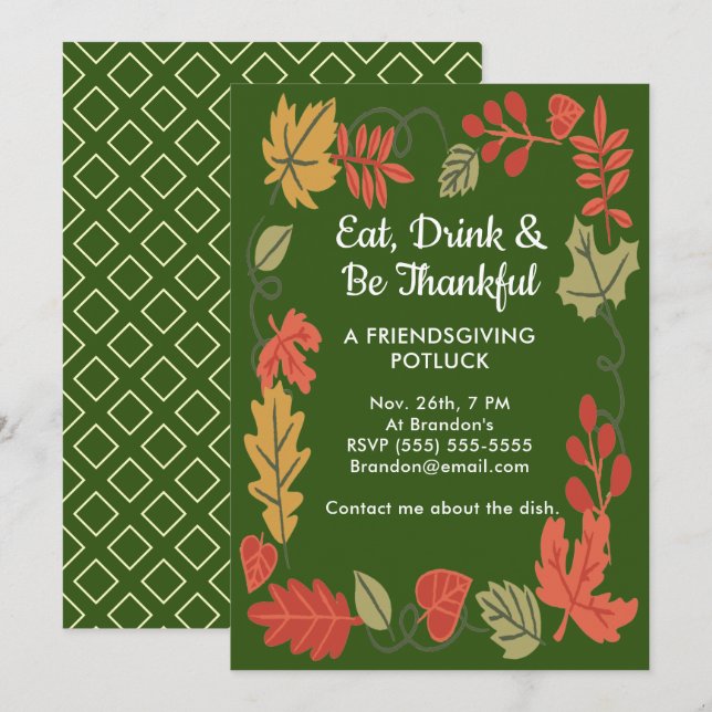 Friendsgiving Potluck Green Thanksgiving Invite (Front/Back)