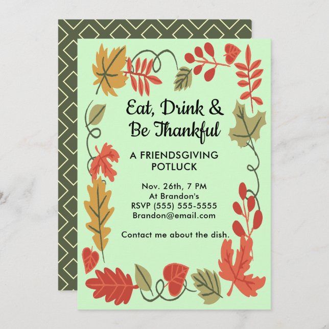 Friendsgiving Potluck Green Thanksgiving Invite (Front/Back)