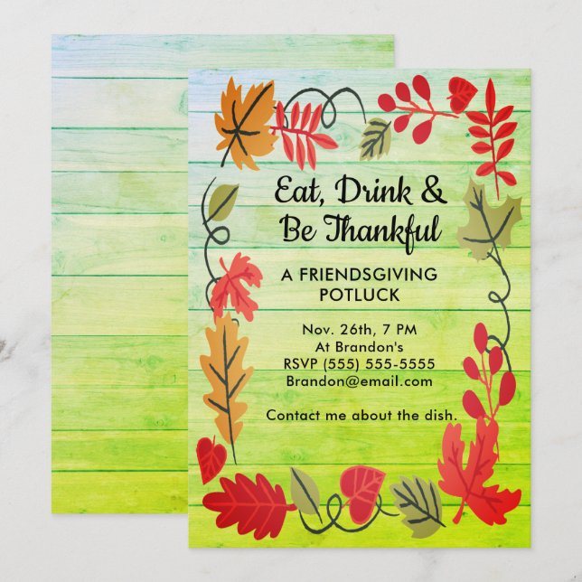 Friendsgiving Potluck Green Wood Design Invite (Front/Back)