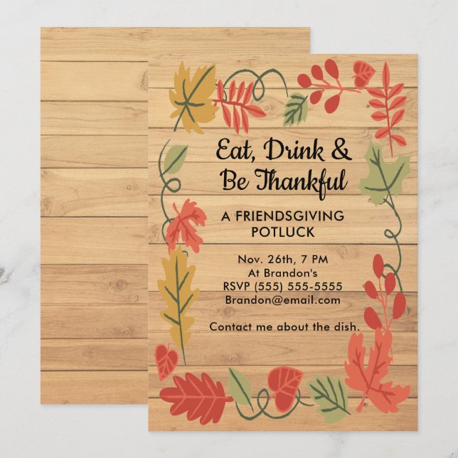 Friendsgiving Potluck Light Wood Color Invite (Front/Back)