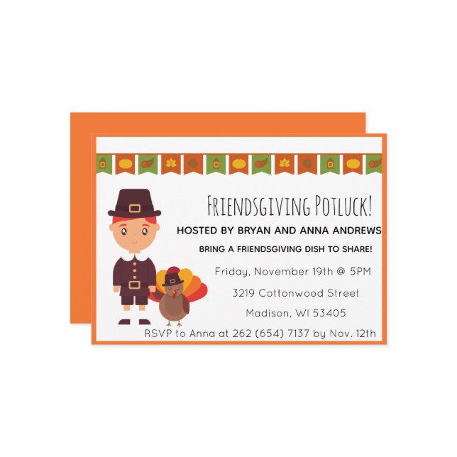 Friendsgiving Potluck Pilgrim Turkey Invitation (Front/Back In Situ)