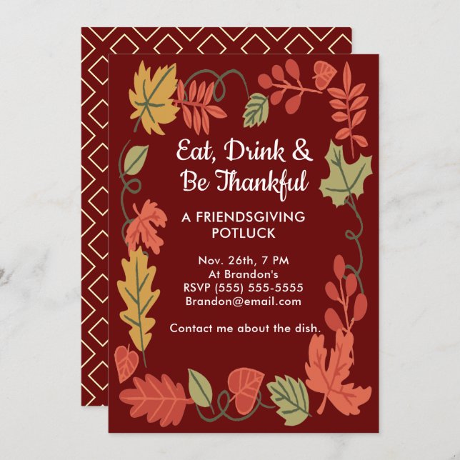 Friendsgiving Potluck Red Thanksgiving Invitation (Front/Back)