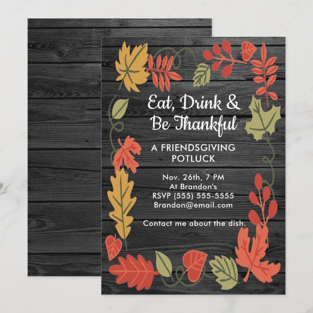 Friendsgiving Potluck Smoky Black Wood Invite (Front/Back)
