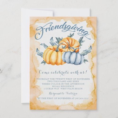 Friendsgiving pumpkin watercolor orange and blue invitation