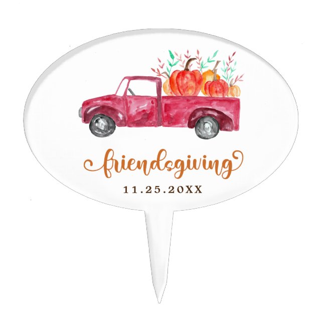 Friendsgiving Red Pickup Truck Pumpkin Script Cake Topper (Front)