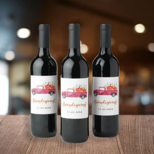 Friendsgiving Red Pickup Truck Pumpkin Script Wine Label